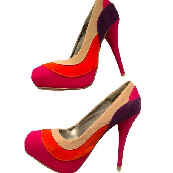 Psychedelic Stilettos Fuchsia Orange Purple Beige Pumps Velvet Heels - Picture 8 of 16